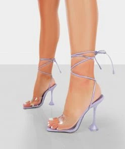 Public Desire UK NEW IN Bly Lilac Patent Perspex Cake Stand Lace Up Square Toe Heels