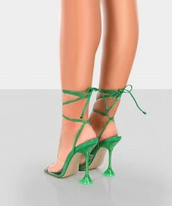 Public Desire UK Bly Green Patent Perspex Cake Stand Lace Up Square Toe Heels NEW IN