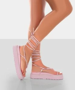 Public Desire UK Bebe Pink PU Chunky Flatform Lace Up Sandals