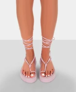 Public Desire UK Bebe Pink PU Chunky Flatform Lace Up Sandals