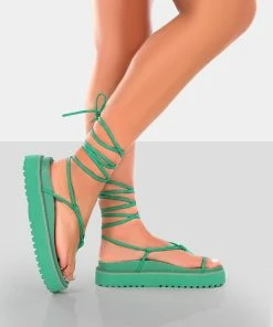 Public Desire UK NEW IN Bebe Green PU Chunky Flatform Lace Up Sandals