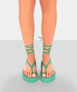 Public Desire UK NEW IN Bebe Green PU Chunky Flatform Lace Up Sandals