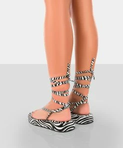 Public Desire UK NEW IN Beach Babe Zebra Lace Up Toe Thong Flatform Sandals