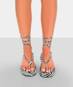 Public Desire UK NEW IN Beach Babe Zebra Lace Up Toe Thong Flatform Sandals