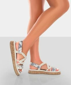 Public Desire UK Miami Wide Fit Navy Printed Rope Flatform Lace Up Sandals