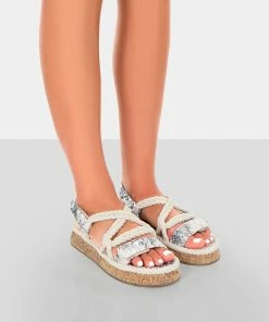 Public Desire UK Miami Navy Print Rope Flatform Lace Up Sandals Festival Sandals