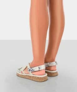 Public Desire UK Miami Wide Fit Navy Printed Rope Flatform Lace Up Sandals