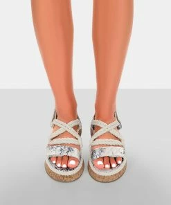 Public Desire UK Miami Navy Print Rope Flatform Lace Up Sandals Festival Sandals