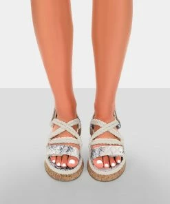 Public Desire UK Miami Wide Fit Navy Printed Rope Flatform Lace Up Sandals