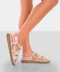 Public Desire UK Miami Red Print Rope Flatform Lace Up Sandals