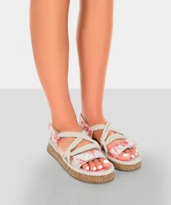 Public Desire UK Miami Red Print Rope Flatform Lace Up Sandals