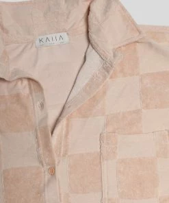 Public Desire UK KAIIA CLOTHING Oversized Checkerboard Towelling Shirt Sand