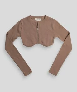 Public Desire UK Zip Through Underbust Ribbed Top Sand