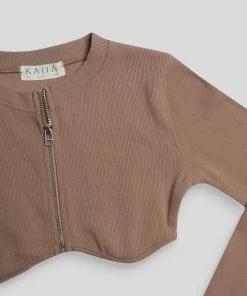 Public Desire UK Zip Through Underbust Ribbed Top Sand