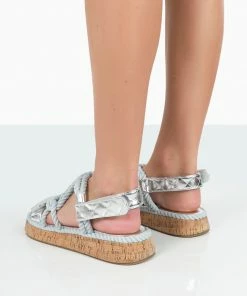 Public Desire UK FLATS Miami Silver Rope Flatform Lace Up Sandals