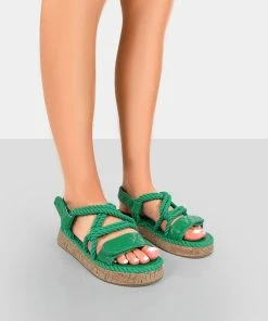 Public Desire UK FLATS Miami Green Rope Flatform Lace Up Sandals