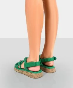Public Desire UK FLATS Miami Green Rope Flatform Lace Up Sandals
