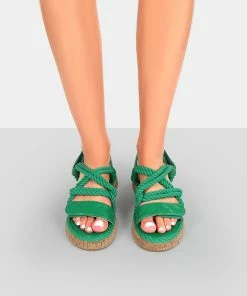 Public Desire UK FLATS Miami Green Rope Flatform Lace Up Sandals