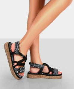 Public Desire UK Miami Black Printed Rope Flatform Lace Up Sandals FLATS