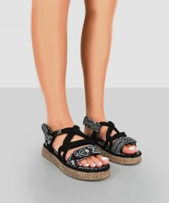 Public Desire UK Miami Black Printed Rope Flatform Lace Up Sandals FLATS