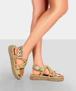 Public Desire UK Miami Gold Rope Flatform Lace Up Sandals 6 Public Desire UK Miami Gold Rope Flatform Lace Up Sandals