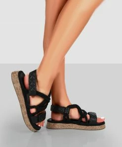 Public Desire UK Miami Wide Fit Black Rope Flatform Lace Up Sandals FLATS