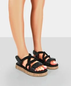 Public Desire UK Miami Wide Fit Black Rope Flatform Lace Up Sandals FLATS