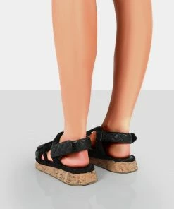 Public Desire UK FLATS Miami Black Rope Flatform Lace Up Sandals