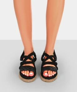 Public Desire UK FLATS Miami Black Rope Flatform Lace Up Sandals