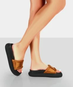 Public Desire UK Demi Wide Fit Brown Satin Slider Sandals 6 Public Desire UK Demi Wide Fit Brown Satin Slider Sandals