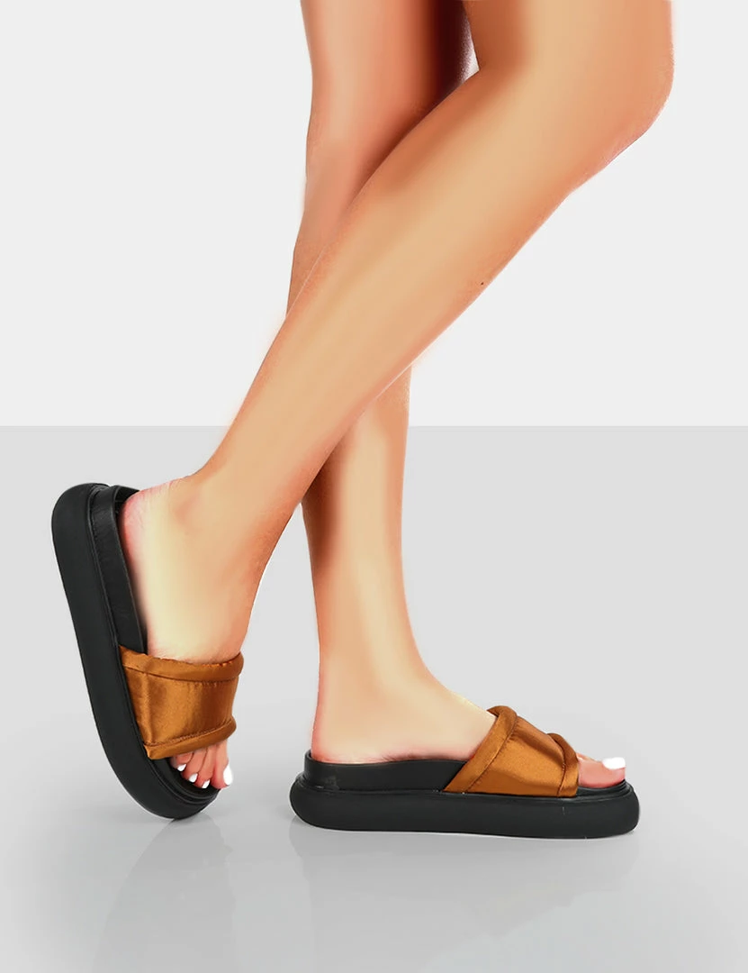 Public Desire UK Demi Wide Fit Brown Satin Slider Sandals 3 Public Desire UK Demi Wide Fit Brown Satin Slider Sandals