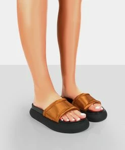 Public Desire UK FLATS Demi Brown Satin Slider Sandals