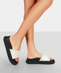 Public Desire UK Demi Wide Fit Ecru PU Slider Sandals FLATS