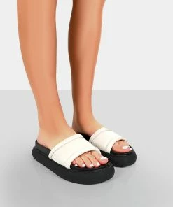 Public Desire UK Demi Wide Fit Ecru PU Slider Sandals FLATS