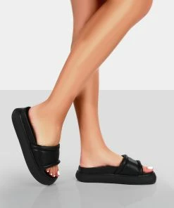 Public Desire UK FLATS Demi Black PU Slider Sandals