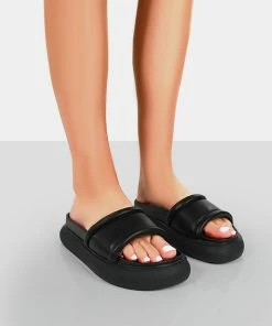 Public Desire UK FLATS Demi Black PU Slider Sandals