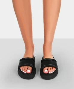 Public Desire UK Demi Wide Fit Black PU Slider Sandals