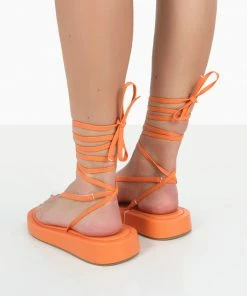 Public Desire UK Beach Babe Orange Lace Up Toe Thong Flatform Sandals FLATS