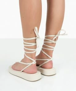 Public Desire UK Beach Babe Ecru Lace Up Toe Thong Flatform Sandals