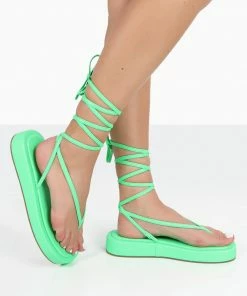 Public Desire UK Beach Babe Green Lace Up Toe Thong Flatform Sandals
