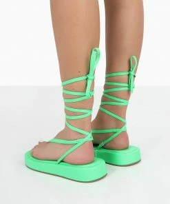Public Desire UK Beach Babe Green Lace Up Toe Thong Flatform Sandals