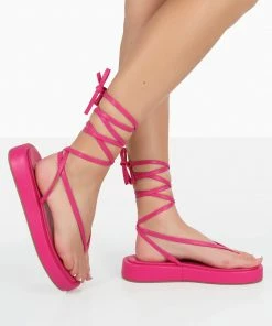 Public Desire UK Beach Babe Pink Lace Up Toe Thong Flatform Sandals FLATS