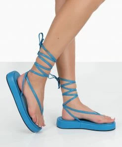 Public Desire UK Beach Babe Blue Lace Up Toe Thong Flatform Sandals FLATS