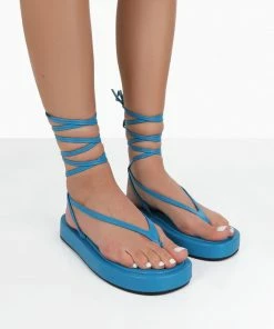 Public Desire UK Beach Babe Blue Lace Up Toe Thong Flatform Sandals FLATS
