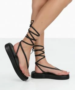 Public Desire UK Beach Babe Black Lace Up Toe Thong Flatform Sandals