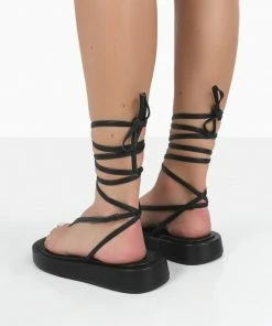Public Desire UK Beach Babe Black Lace Up Toe Thong Flatform Sandals