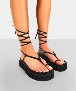 Public Desire UK Bebe Black PU Chunky Flatform Lace Up Sandals