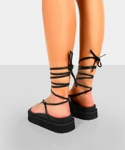 Public Desire UK Bebe Black PU Chunky Flatform Lace Up Sandals