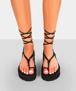 Public Desire UK Bebe Black PU Chunky Flatform Lace Up Sandals