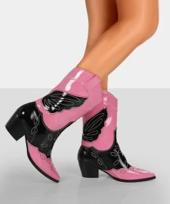 Public Desire UK Howdy Pink Patent Pointed Toe Western Cowboy Ankle Boots NEW IN
